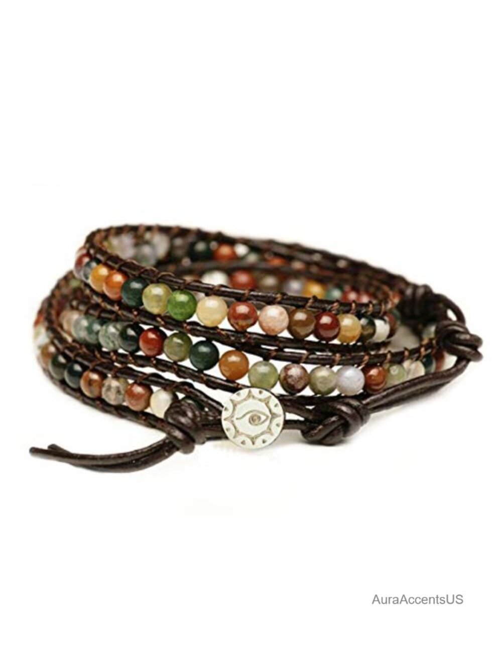 Genuine Leather Agate Stone Wrap Bracelet Adjustable Stainless Steel Closure 23
